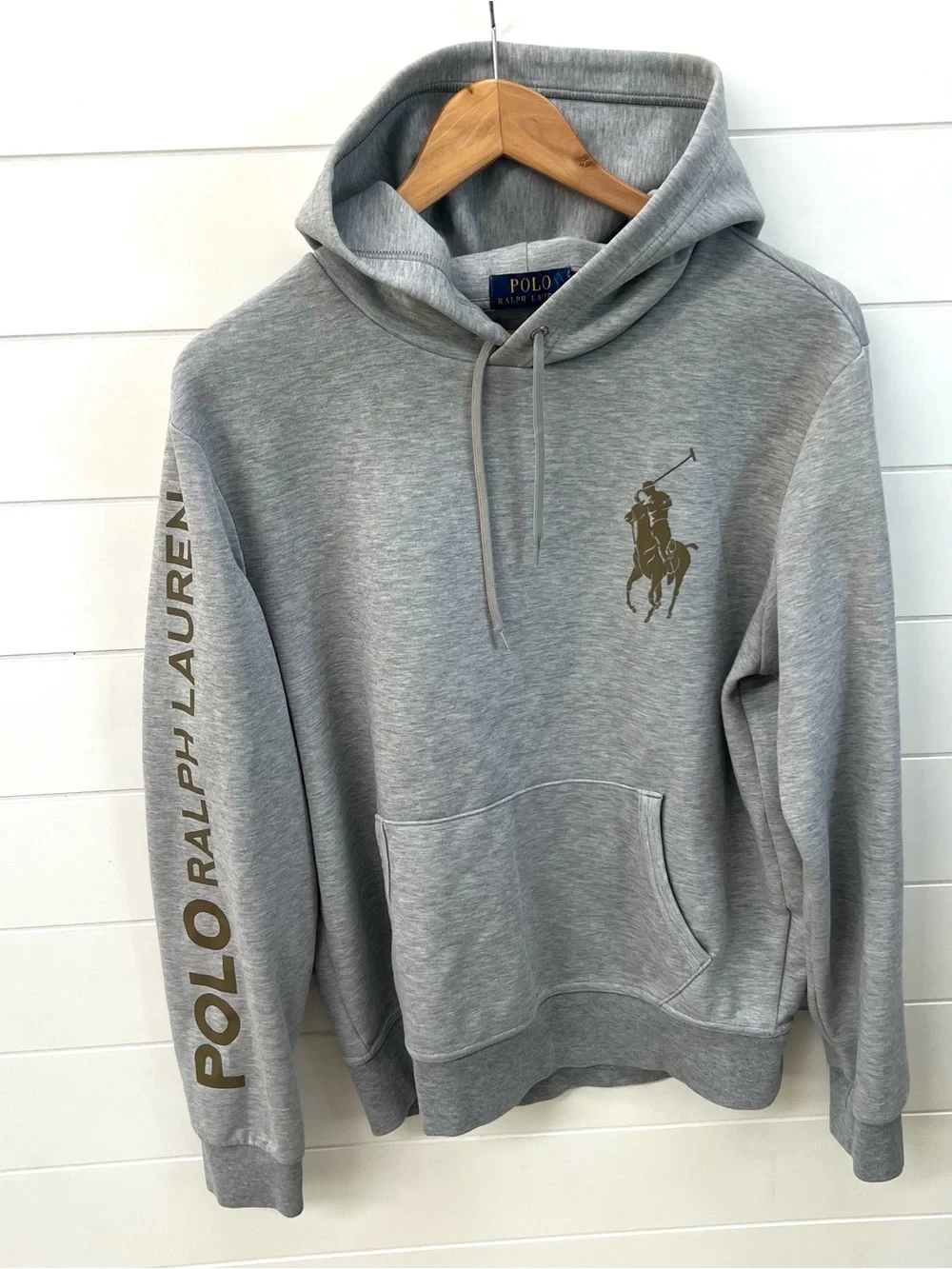 Men’s Polo Ralph Lauren Big Pony Hoodie Grey Gold Sleeve Spellout Size M